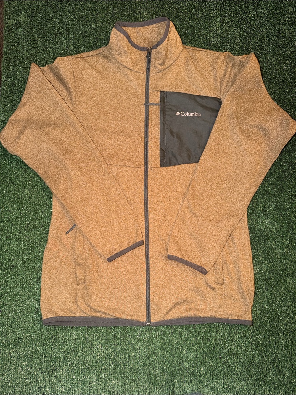 Columbia Mens  Brown Heather Full-Zip Fleece Jacket with Black Chest Pocket Sz S